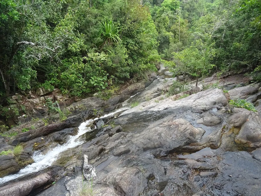 Agua de la cascada Phaeng descendiendo entre grandes rocas y vegetación tropical en Koh Phangan